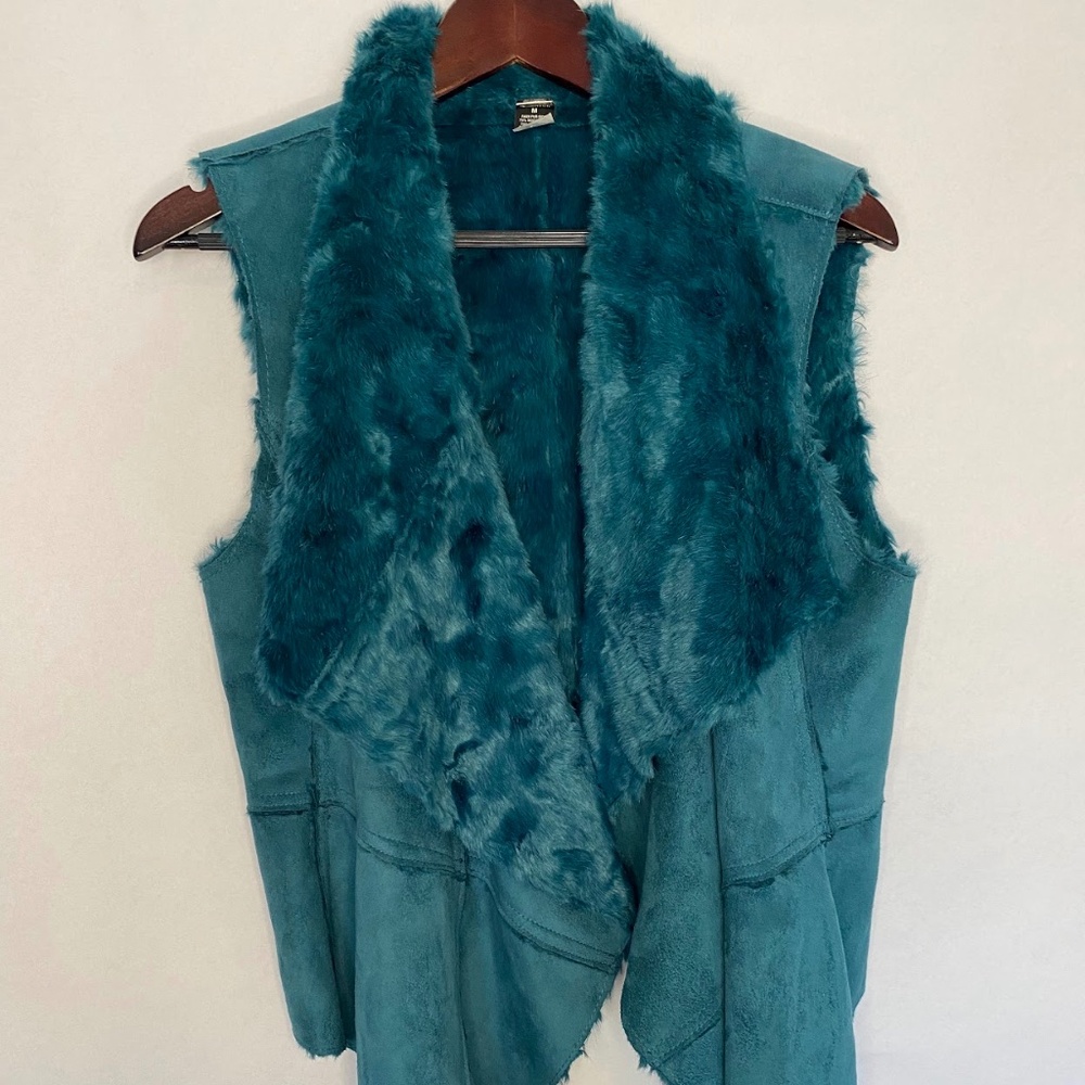 I 🖤 Ronson Teal Faux Fur & Faux Suede Open Front Reversible Vest, Medium EUC